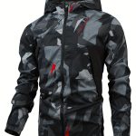 Geometric Pattern Design Men's Color Blocked Zip Up Hooded Indbreaker, Suitable For Outdoor Hiking, Camping And Travel In All Seasons