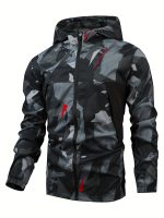 Geometric Pattern Design Men's Color Blocked Zip Up Hooded Indbreaker, Suitable For Outdoor Hiking, Camping And Travel In All Seasons