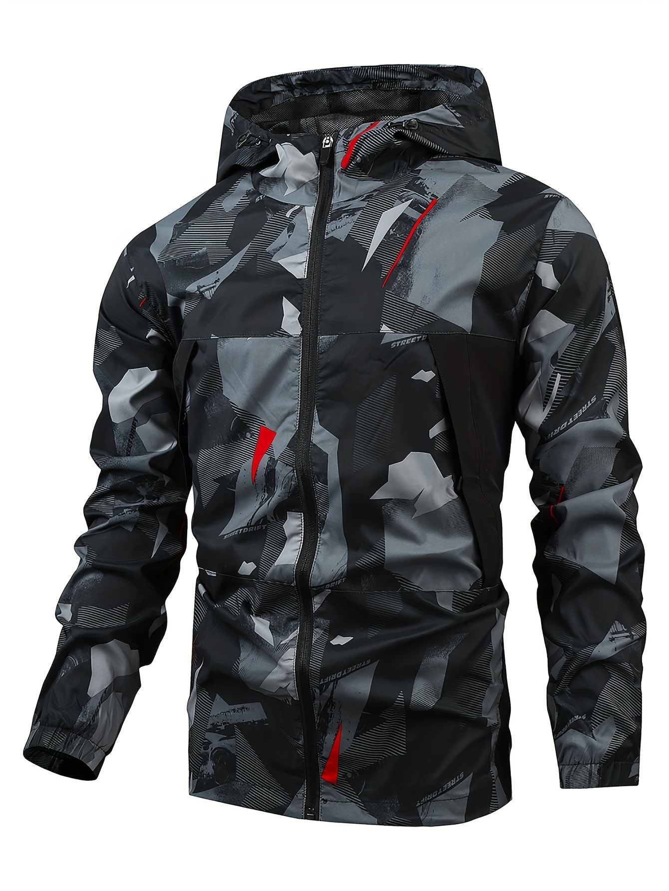 d6d5a283-e1ab-4ab4-9116-347440cfe8ee.jpg Geometric Pattern Design Men's Color Blocked Zip Up Hooded Indbreaker, Suitable For Outdoor Hiking, Camping And Travel In All Seasons - Image 1