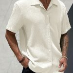 Men's Casual Short Sleeve Black Shirt, Solid Textured Button-Up Classic Lapel Shirt, Summer Fashion Hawaiian Shirt - Image 2