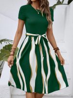 Striped Crew Neck Dress, Elegant Short Sleeve Belted A-line Dress For Spring & Summer, Women's Clothing