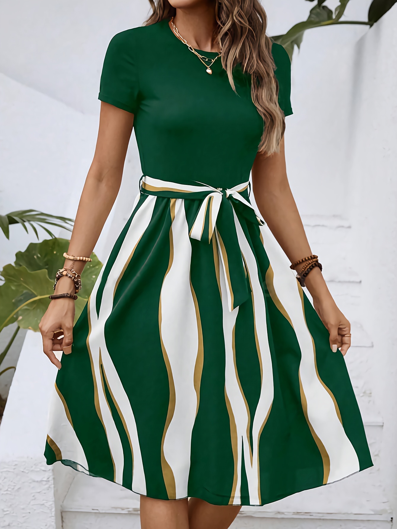d81b38bc-adc6-4892-a5ae-df3ace76e9b1.jpg Striped Crew Neck Dress, Elegant Short Sleeve Belted A-line Dress For Spring & Summer, Women's Clothing - Image 1