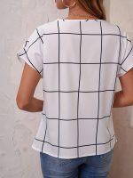 Plaid Print V Neck Blouse, Short Sleeve Casual Blouse For Spring & Summer, Women's Clothing - Image 4