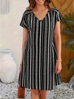 Allover Print V-neck Dress, Vacation Short Sleeve Dress For Summer & Spring, Women's Clothing - Image 6