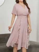 Floral Pattern High Waist Dress, Elegant Surplice Neck Flutter Sleeve Dress, Women's Clothing For Elegant Dressing - Image 5
