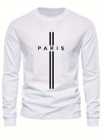 PARIS Print, Men's Graphic Design Crew Neck Long Sleeve Active T-shirt Tee, Casual Comfy Shirts For Spring Summer Autumn, Men's Clothing Tops