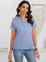 Striped Print Notched Neck Blouse, Casual Short Sleeve Blouse For Spring & Summer, Women's Clothing - Image 9