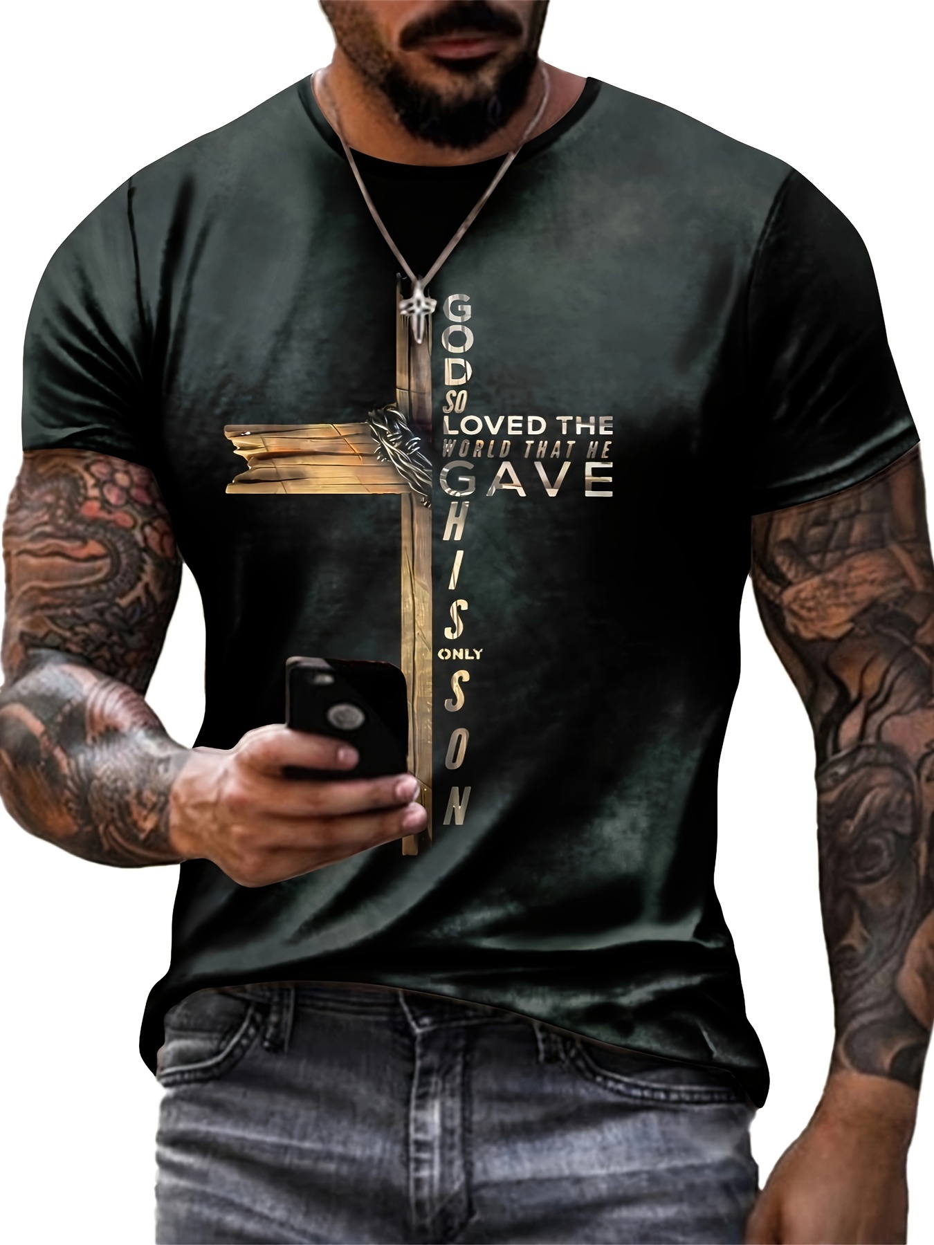 dcfcb999af5f2e61c1f329f7b94b9dcf.jpg Cross Print, Men's Graphic Design Crew Neck Active T-shirt, Casual Comfy Tees Tshirts For Summer, Men's Clothing Tops For Daily Gym Workout Running, Men's Clothing - Image 1