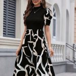Graphic Print Mock Neck Dres, Elegant Short Sleeve A-line Dress For Spring & Summer, Women's Clothing - Image 2