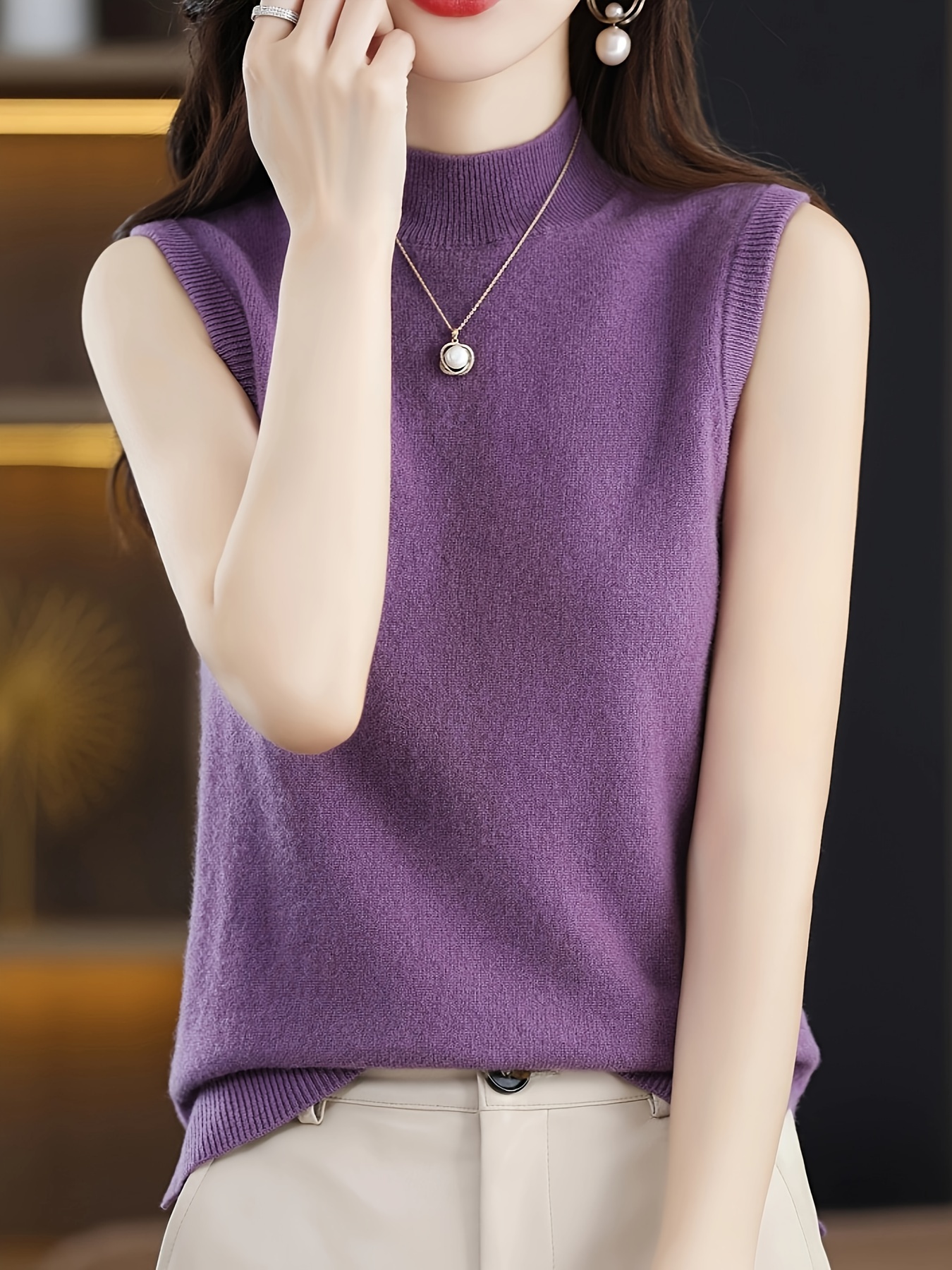 dd23be66-74c4-49a6-91f1-b35f891e27cf.jpg Solid Knit Mock Neck Tank Top, Casual Sleeveless Tank Top, Women's Clothing - Image 1