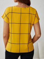 Plaid Print Notched Neck Blouse, Casual Short Sleeve Blouse For Spring & Summer, Women's Clothing - Image 4