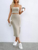 Ribbed Knit Two-piece Skirt Set, Crop Cami Top & Split Hem Skirt Outfits, Women's Clothing - Image 7
