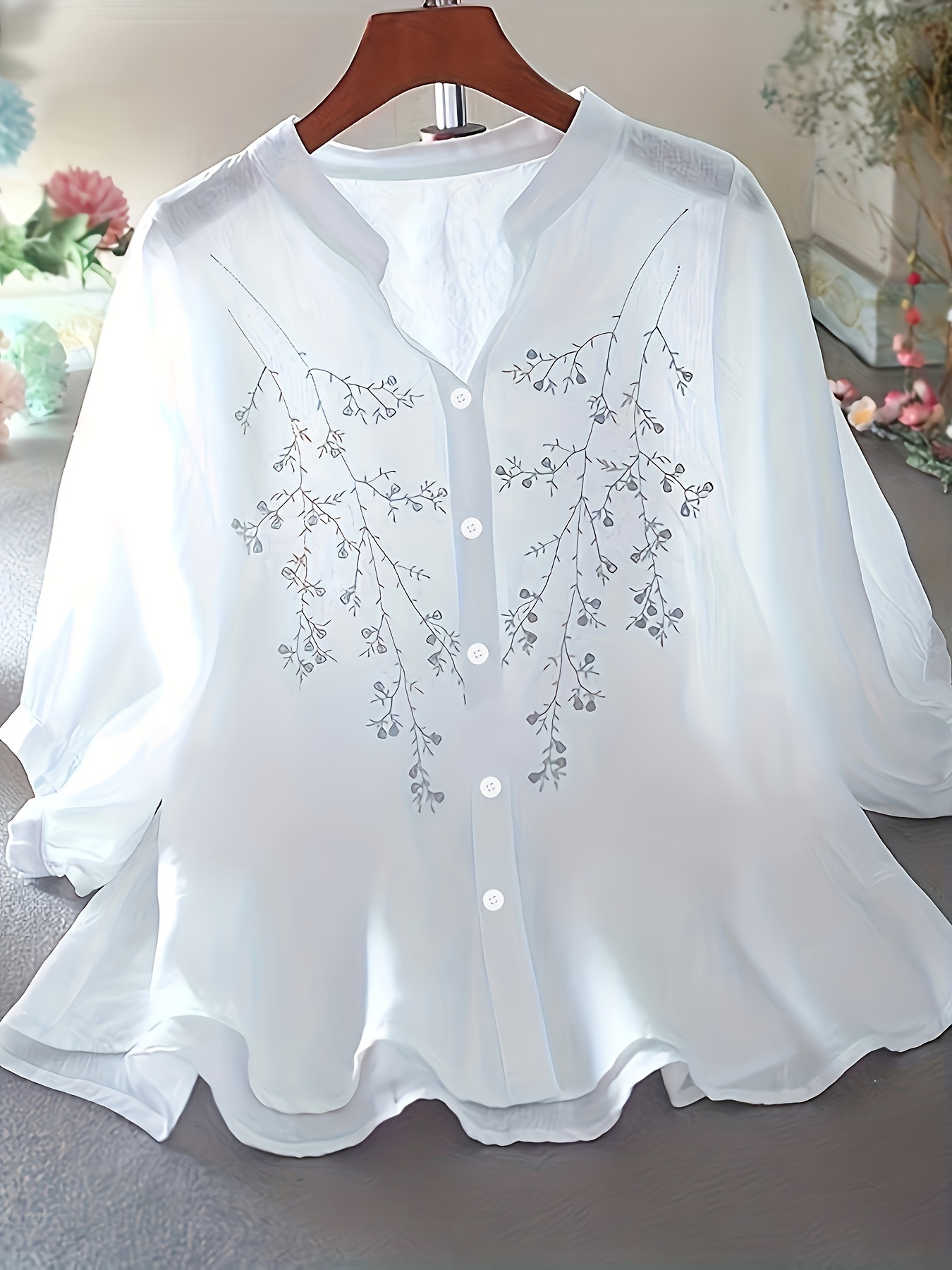 de0b9f9d-bb43-450a-939c-fca9cf316e74.jpg Floral Pattern Simple Blouse, Elegant Button Front Stand Collar Blouse, Women's Clothing - Image 1