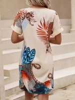 Graphic Print V Neck Dress, Vintage Short Sleeve Dress For Spring & Summer, Women's Clothing - Image 3