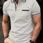 Breathable Regular Fit Men's Chic Contrast Binding Short Sleeve Golf Shirt With Chest Pocket For Summer, Men's Clothing - Image 5