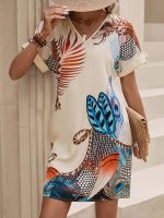 Graphic Print V Neck Dress, Vintage Short Sleeve Dress For Spring & Summer, Women's Clothing - Image 6