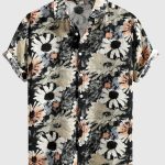Men's Stylish Loose Cotton Blend Floral Print Shirt, Casual Breathable Lapel Button Up Short Sleeve Shirt For Summer Outdoor Activities - Image 2