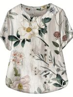 Floral Print Crew Neck T-Shirt, Casual Short Sleeve T-Shirt For Spring & Summer, Women's Clothing - Image 4