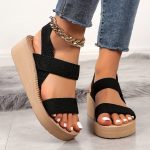 Women's Summer Wedge Sandals, Casual Round Open Toe Elastic Band Shoes, Comfortable Slip On Beach Sandals - Image 8