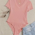 Solid V Neck Rib Knit Bodysuit, Casual Short Sleeve Basic Bodysuit, Women's Clothing - Image 6