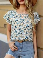 Floral Print Keyhole Blouse, Ruffle Layered Casual Blouse, Women's Clothing - Image 4