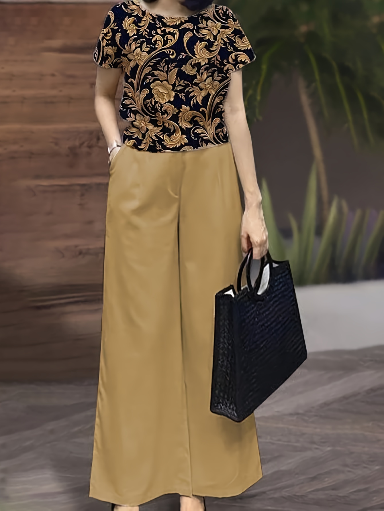 e5f13ba8-0c1e-4964-b0d3-11839ac0e8b6-1.jpg Elegant Two Piece Set, Floral Print Crew Neck Top & Elastic Waist Pocket Wide Leg Pants Outfits For Spring & Summer, Women's Clothing - Image 1