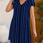 Striped V-neck Dress, Vacation Style Short Sleeve Shift Dress For Spring & Summer, Women's Clothing - Image 2