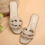 Women's Metallic Buckle Decor Slides, Fashionable Square Open Toe Summer Shoes, Casual Beach Flat Slides