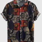 Men's Stylish Loose Cotton Blend Geometric Print Shirt, Casual Breathable Lapel Button Up Short Sleeve Shirt For Summer Outdoor Activities - Image 6