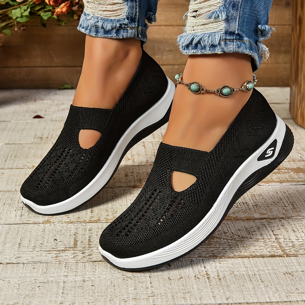 eb5be271-37b8-4a0a-9849-85302759f78f.jpg Women's Cut-out Sneakers, Casual Breathable Slip On Walking Shoes, Lightweight Outdoor Flat Shoes - Image 1