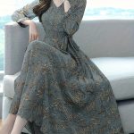 Floral Pattern Midi Dress, Vintage V Neck Long Sleeve Dress, Women's Clothing - Image 2