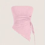 Solid Ribbed Asymmetric Hem Tube Top, Elegant Drawstring Ruched Side Strapless Sleeveless Top, Women's Clothing - Image 2