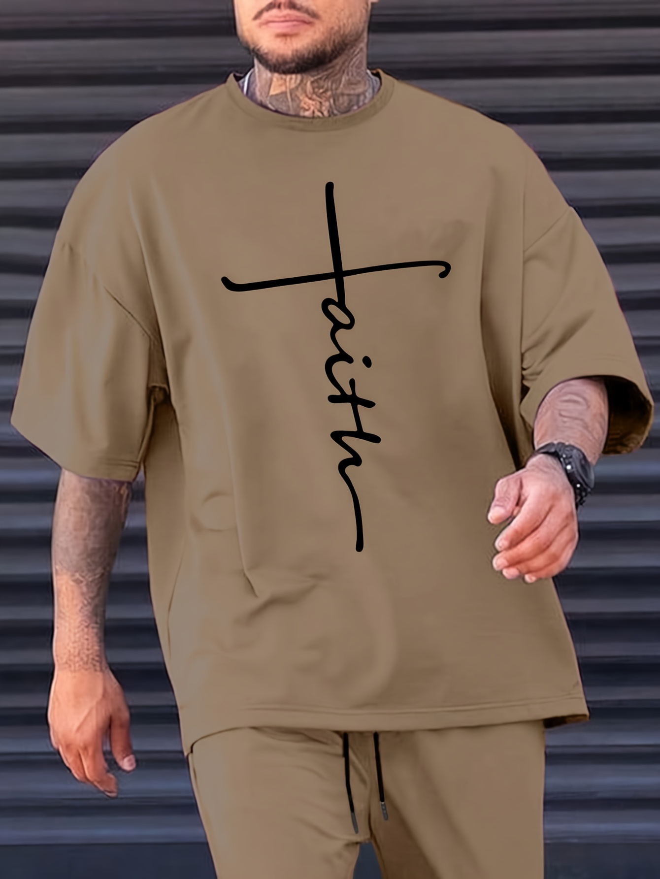 ecaa7a1c-34e1-45ba-baf6-5b10db156e97.jpg Faith Print Men's Casual Loose Short Sleeve Crew Neck T-shirt, Summer Outdoor Street - Image 1