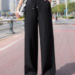 Minimalist Solid Drawstring Pants, Casual Long Length Elastic Waist Wide Leg Pants, Women's Clothing - Image 2