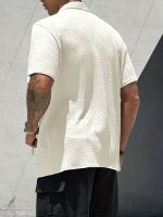 Men's Casual Short Sleeve Black Shirt, Solid Textured Button-Up Classic Lapel Shirt, Summer Fashion Hawaiian Shirt - Image 8