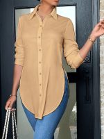 Split Button Front Shirt, Casual Long Sleeve Curved Hem Shirt, Women's Clothing