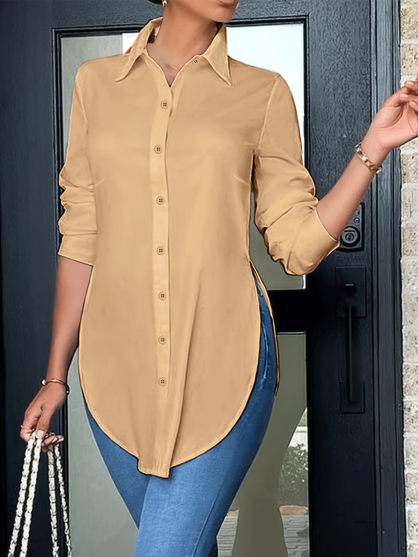 eeacc911-a3c7-4de1-8b73-a5a750673dcb.jpg Split Button Front Shirt, Casual Long Sleeve Curved Hem Shirt, Women's Clothing - Image 1