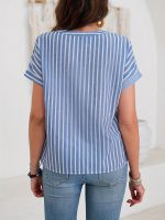 Striped Print Notched Neck Blouse, Casual Short Sleeve Blouse For Spring & Summer, Women's Clothing - Image 6