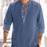 Classic Design Cotton Boat Neck Henley Shirt, Men's Casual Fit Vintage Style Long Sleeve Top For Spring Fall - Image 8