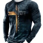 Classic Cross And Letter Print Men's Creative Long Sleeve Crew Neck T-shirt For Spring Fall, Gift For Men