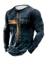 Classic Cross And Letter Print Men's Creative Long Sleeve Crew Neck T-shirt For Spring Fall, Gift For Men