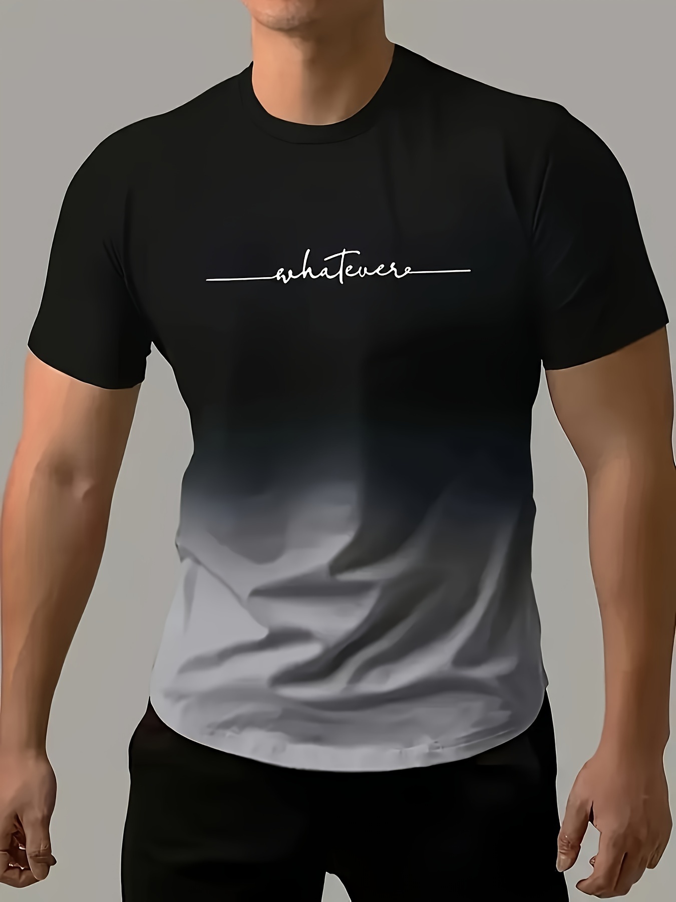 ef6229d3-6b54-4097-acb1-7f21ccf0bdc2.jpg "Whatever" Print Gradient Crew Neck T-shirt For Men, Trendy Casual Short Sleeve Top, Men's Tee For Summer Outing - Image 1