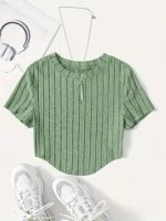 Solid Ribbed Crop T-Shirt, Casual Crew Neck Short Sleeve Top, Women's Clothing
