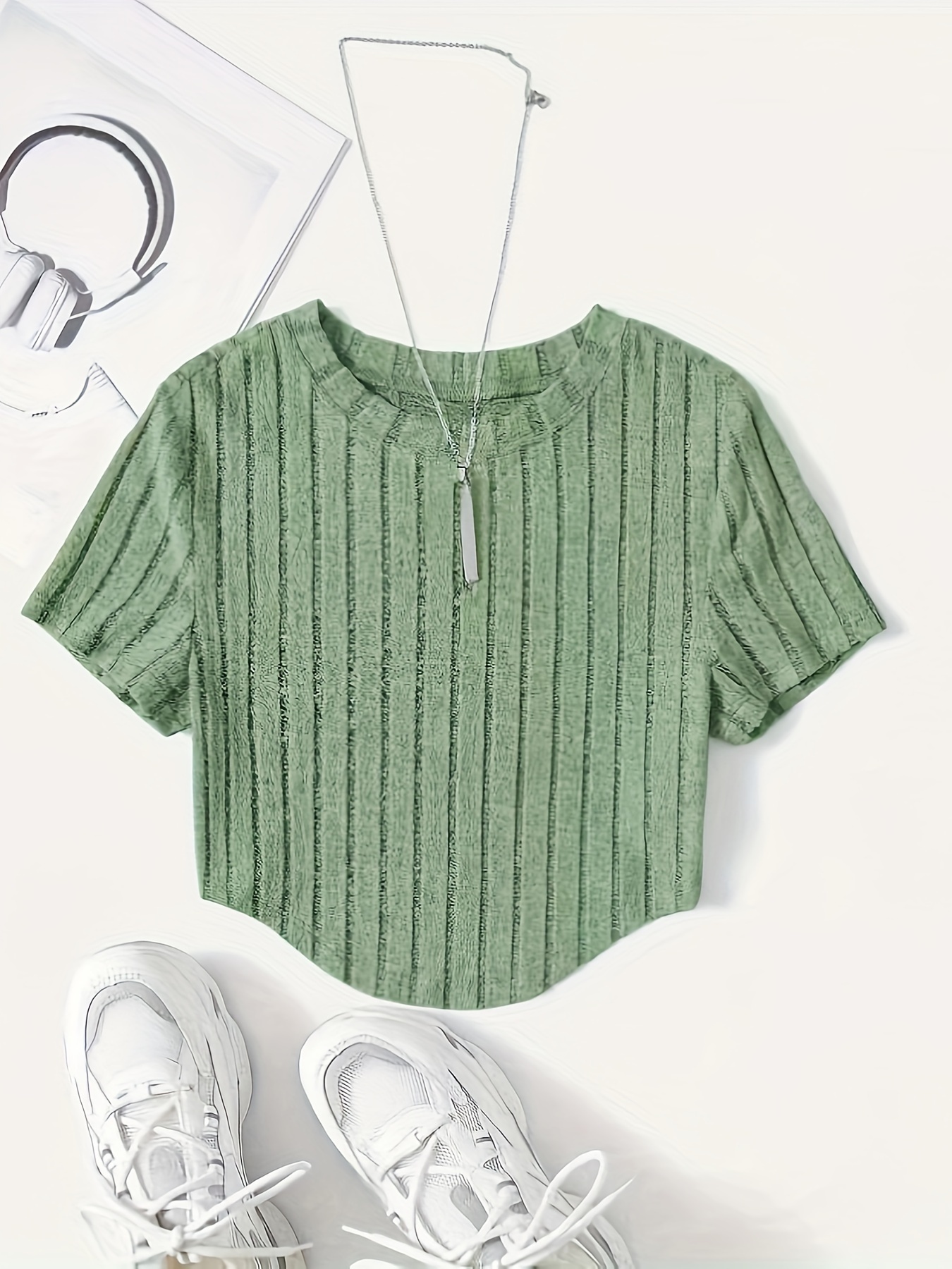 ef96bb97-e4b9-4fd1-a8d6-0ed9f26f3cc0.jpg Solid Ribbed Crop T-Shirt, Casual Crew Neck Short Sleeve Top, Women's Clothing - Image 1
