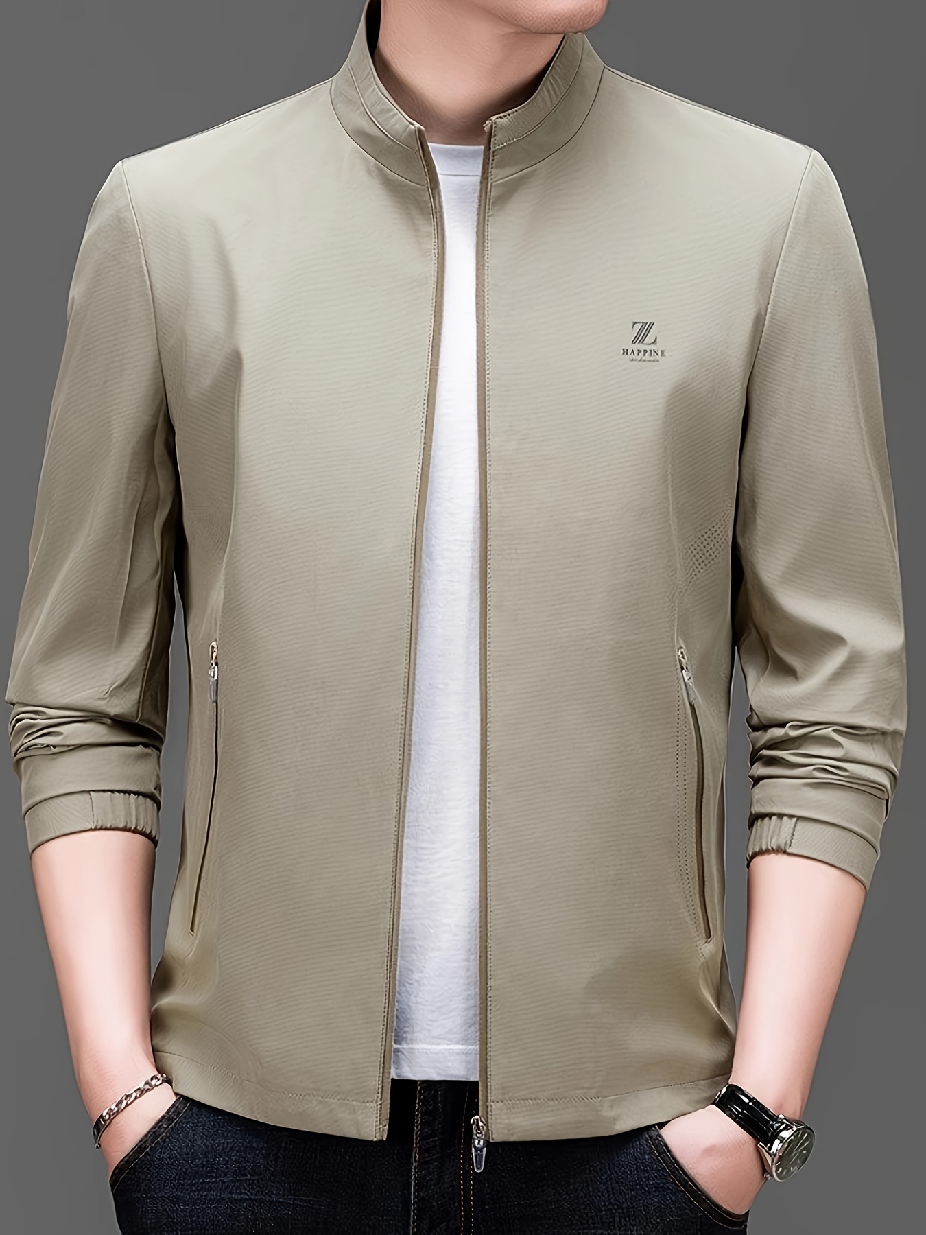 efcc5f09-aa54-43bf-85dc-902aa3aebed1.jpg Men's Solid Colour Lapel Jackets With Zipper, Comfy Casual Long Sleeve Business Style Tops For Men's Outdoor Activities - Image 1