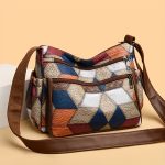 Geometric Patchwork Crossbody Bag for Women, Vintage Style, Color Block Pattern with PU Material, Multi-Layer Shoulder Purse for Daily Use