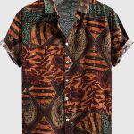 Men's Stylish Loose Cotton Blend Geometric Print Shirt, Casual Breathable Lapel Button Up Short Sleeve Shirt For Summer Outdoor Activities - Image 3