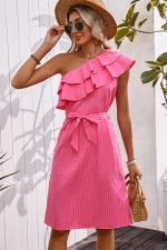 Stripe Print One Shoulder Tie Waist Casual Dress - Image 4