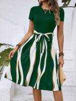 Striped Crew Neck Dress, Elegant Short Sleeve Belted A-line Dress For Spring & Summer, Women's Clothing - Image 8