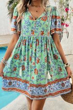 Floral Print V Neck Short Sleeve Mini Dress - Image 2